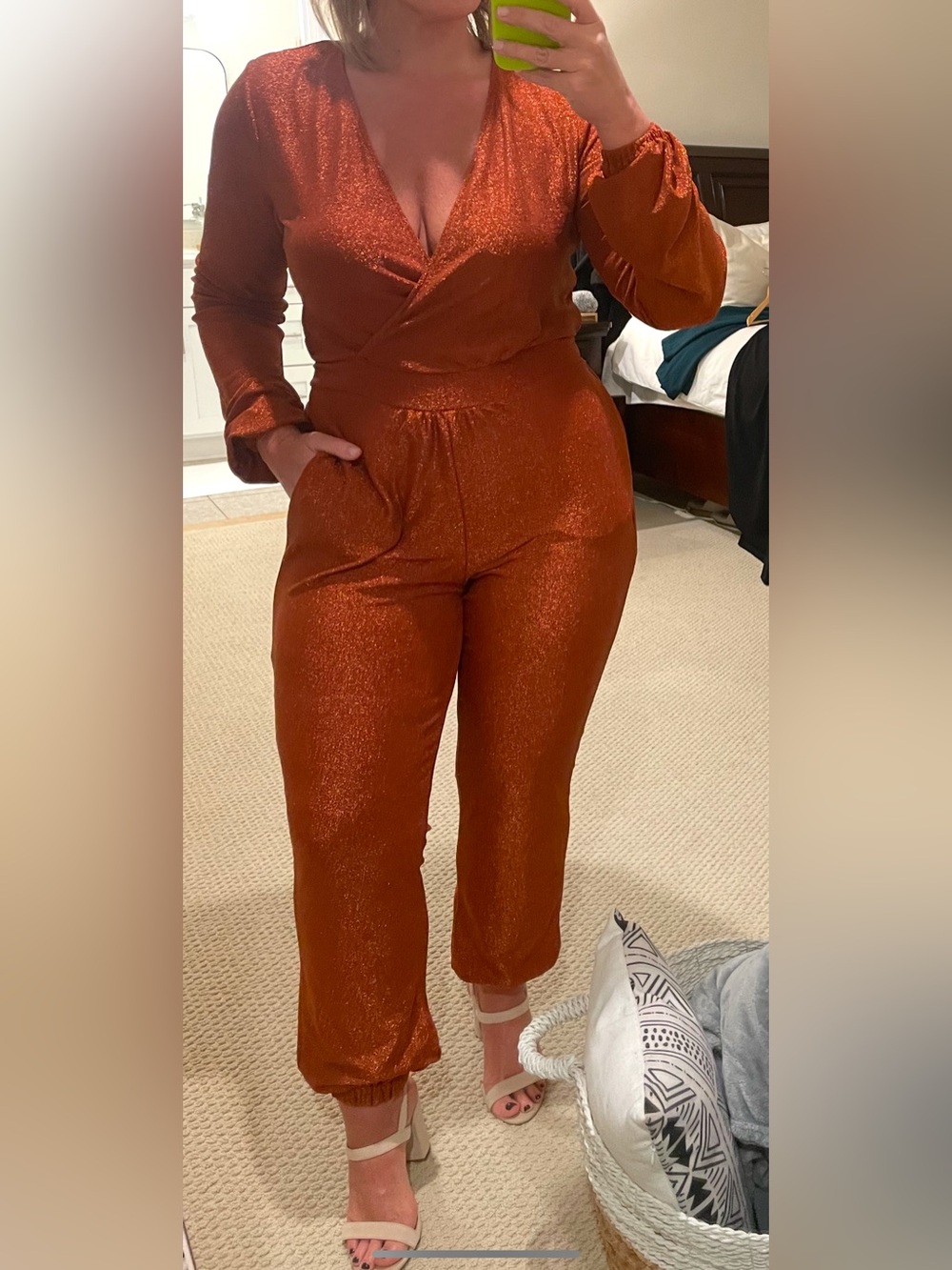bebe Rust Orange Shimmer Cropped Jumpsuit